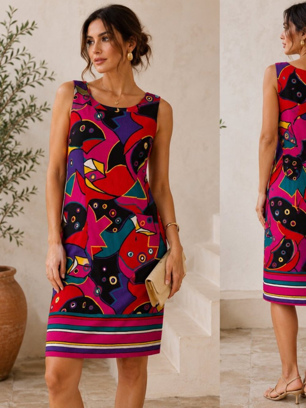 Vintage Leslie Lucks Abstract Print Midi Dress Bright Colorblock Artsy Sz 8 USA